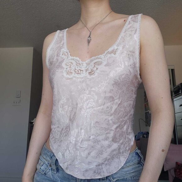 Vintage 90s light pink and white coquette princess lace lingerie top - Picture 8 of 16